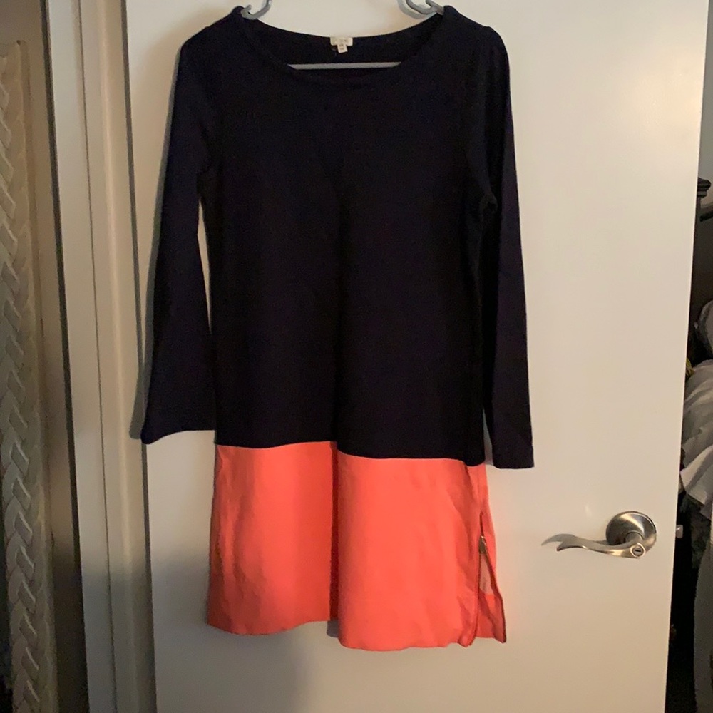 J Crew, navy and coral, XS long sleeve dress